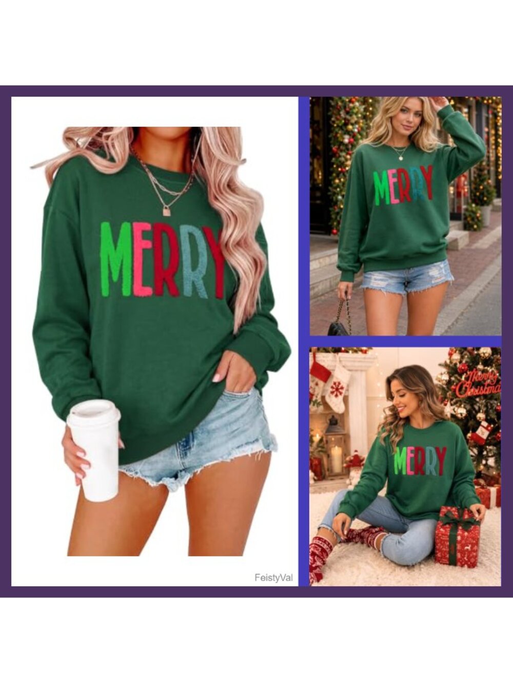 Women's Embroidered Merry Christmas Pullover Sweatshirt Crew Neck Long Sleeve